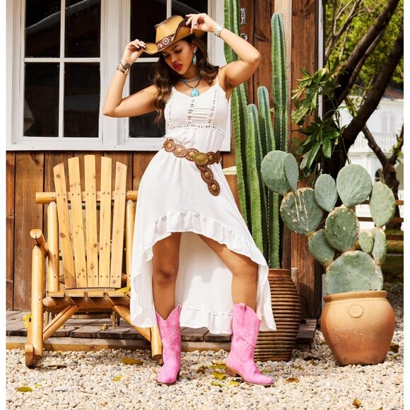 Women's Pink Western Boots Cowgirl Boots Pull On Pointy Toe Mid Calf Boots - Picture 2 of 6